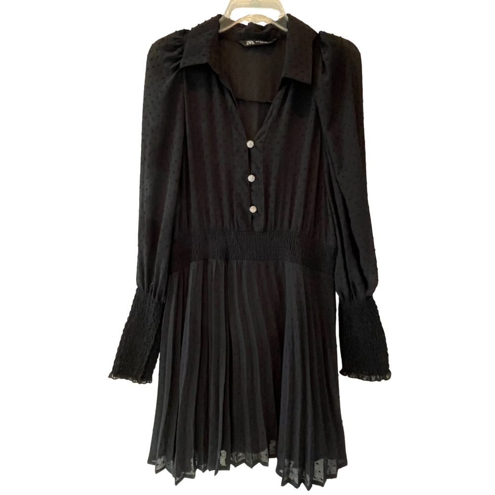 ZARA Black Swiss Dot Pleated Midi Dress Puff Sleeve Smocked‎ Waist XL
